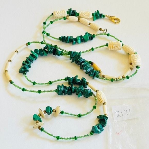 VTG Green Malachite Stone Beaded Necklace brass beads Natural Genuine strand 50" - Picture 8 of 8